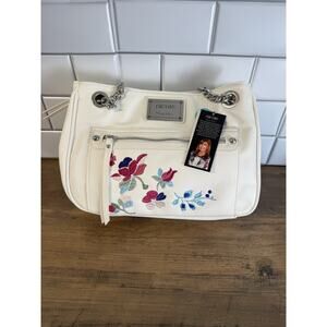 NWT Nicole Miller Faux Leather White Shoulder/Hand Bag Floral Embroidery Purse